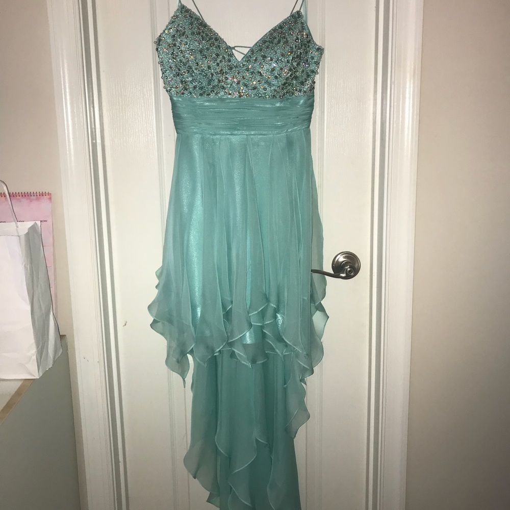 Embellished turquoise hi-low dress